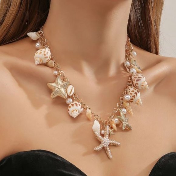 Shell Starfish Choker Necklace Multilayer Pearl Statement Necklaces For Women - Picture 1 of 2